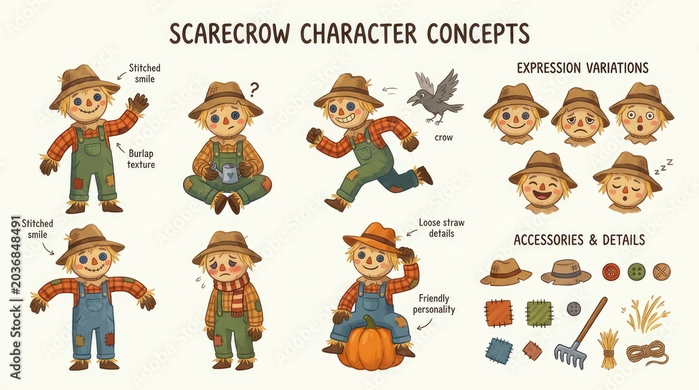 Fototapeta premium Whimsical Scarecrow Character Concepts with Expression Variations and Accessories.