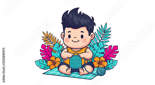 Cheerful cartoon boy sitting among tropical foliage illustration.