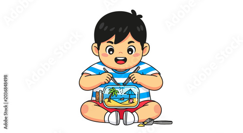 Happy cartoon child playing with colorful fishbowl toy.
