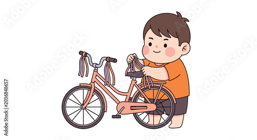 Young boy happily repairing his pink bicycle indoors.
