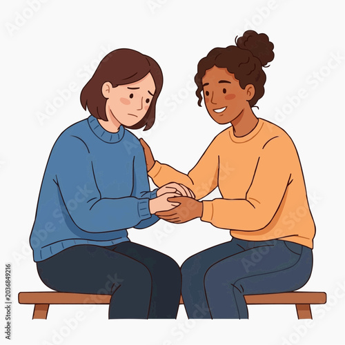 Two women sitting on a bench one comforting the other with a hand on her shoulder and holding hands