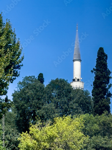 Istanbul, Turkey - July 20, 2024: City views. Sharp slender Minaret of Sinan Pasa Mosque seen above the green trees at the SW corner under blue sky
