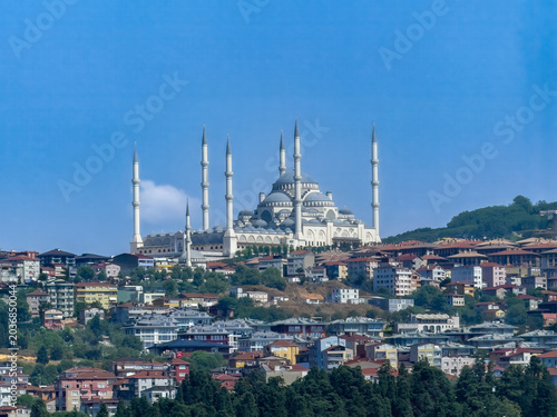 Istanbul, Turkey - July 20, 2024: City views. The magnificent Grand Camlica Mosque, Buyuk Camlica Camii, on the Asian side of Istanbul. The largest mosque is designed in a modern interpretation of cla