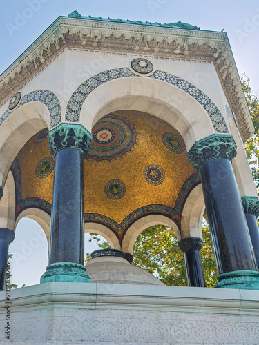 Istanbul, Turkey - July 20, 2024: City views. The German fountain upper part with mosaic art, fresco and pillars at Sultan Ahmet park