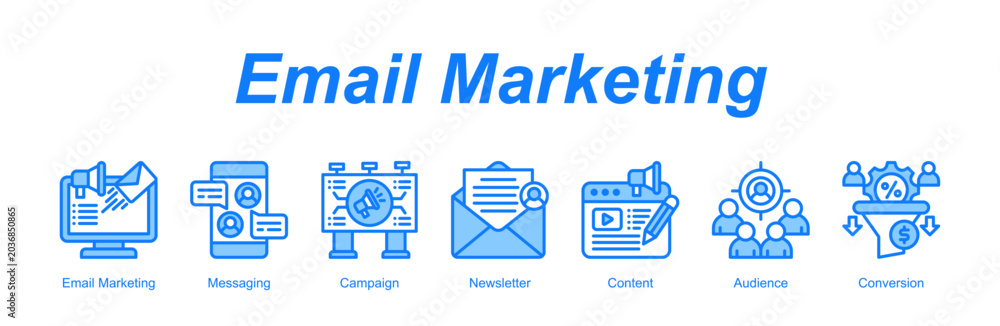 Fototapeta premium Email Marketing banner web icon vector illustration concept with an icon of Email Marketing, Messaging, Campaign, Newsletter, Content, Audience, Conversion 