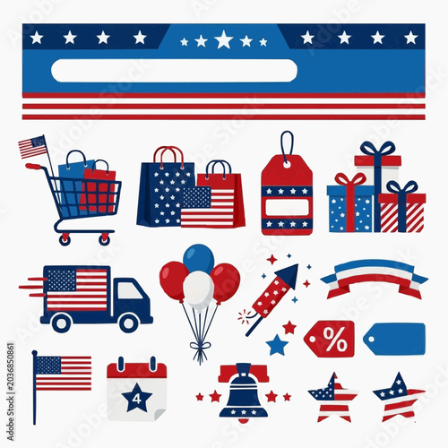 USA Independence Day Celebration Elements with Shopping and Festive Icons