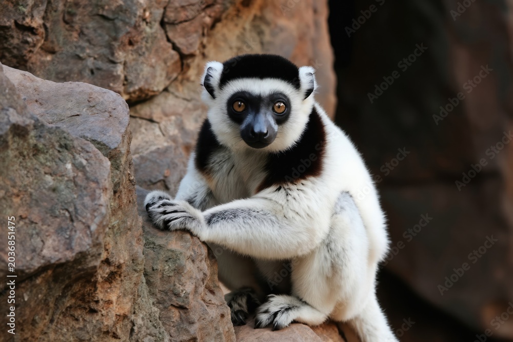 Fototapeta premium Black and white sifaka lemur sits on rough rock surface. This primate has dark eyes, black face markings and fluffy white fur. Animal looks directly at camera.