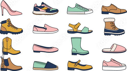 Tableau sur toile Fashion Shoes and Footwear Hand Drawn Vector Set with Sneakers High Heels Boots