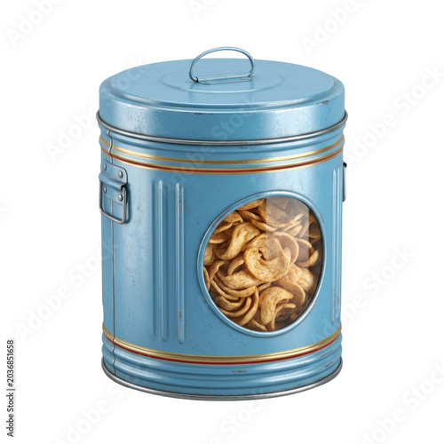 Vintage Blue Tin Canister Filled with Snacks