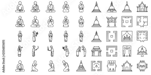 Minimal Buddhist people drawings set with monks and worshippers in prayer, offering and daily activities, clean outline symbols for architectural plans and cultural layouts