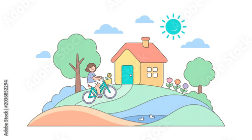 Child riding a bicycle in a colorful landscape with a house, trees, and sun for children's books, educational materials, and family-oriented websites