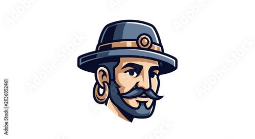 Schilderij op canvas Adventurous Man with Hat and Mustache - Vector Illustration