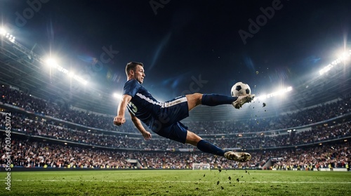 Professional football player performing dramatic kick at night stadium sports action vibrant atmosphere dynamic viewpoint