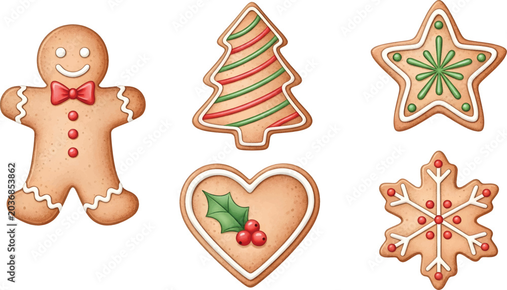 Naklejka premium Vector Illustration Christmas Dessert Elements Collection with Decorated Gingerbread Cookies