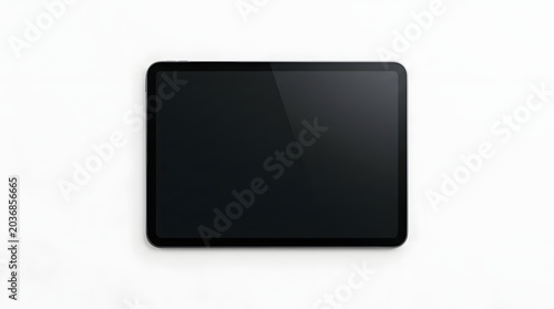 Modern Tablet Mockup with Blank Black Screen Isolated on White Background - Top View Digital Device for App Design and Web Presentation