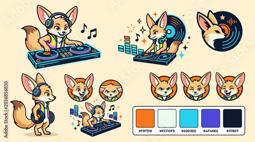 Fotografía Illustration of foxes enjoying music and technology.