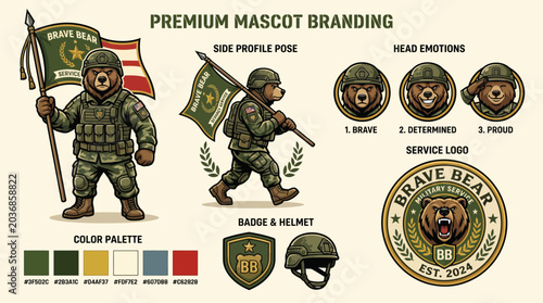 Photos Military Bear Mascot with Premium Branding Elements.
