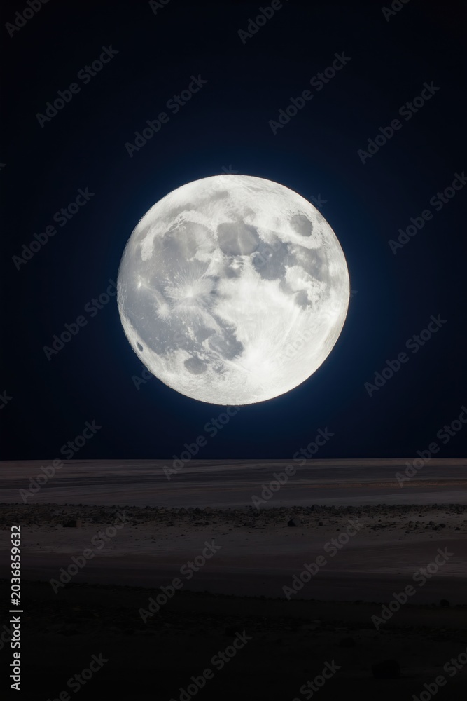 Obraz premium Full moon shines brightly over empty dark landscape. Lunar surface terrain is illuminated by moon glow. Night sky with large celestial body.