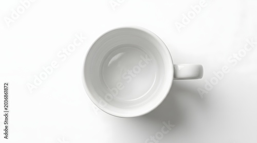 Top View of an Empty White Ceramic Mug Isolated on a Plain White Background - Minimalist Drinkware Mockup