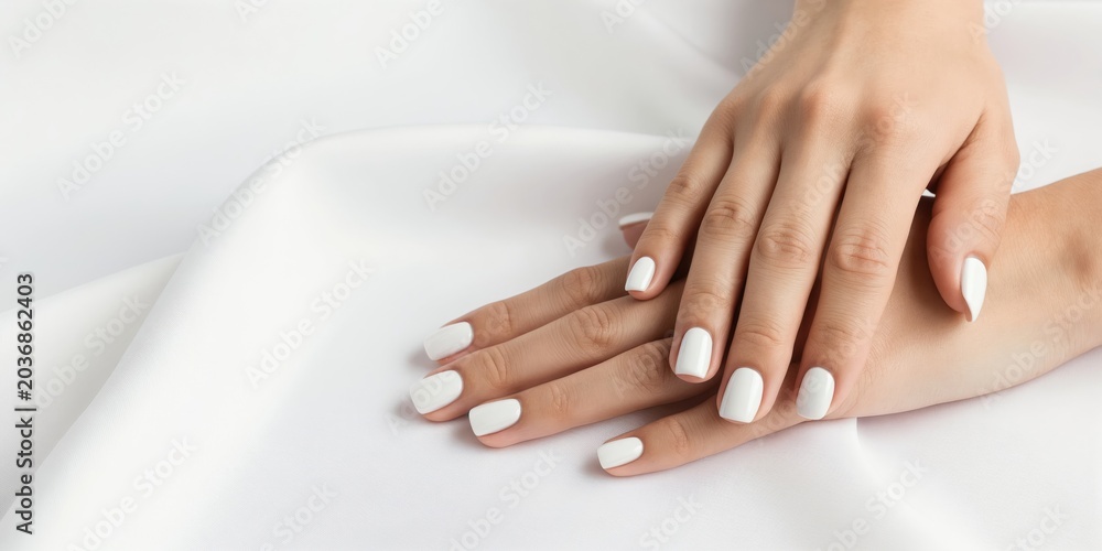 Fototapeta premium Elegant woman hands sport pristine white gel nails manicured on soft white fabric background. Nails look clean perfect, smooth, with simple chic style. Ideal for beauty ads.