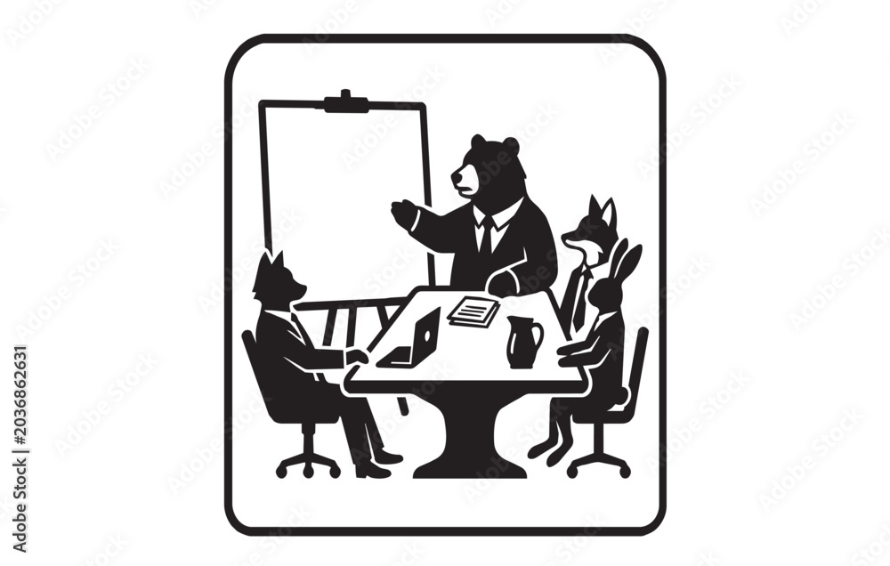 Fototapeta premium Business meeting concept vector illustration with animal characters including a bear presenting on a whiteboard to a fox, wolf, and rabbit.