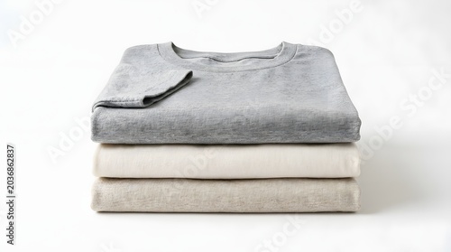Stack of Folded Basic T-shirts in Neutral Grey and Beige Colors Isolated on White Background