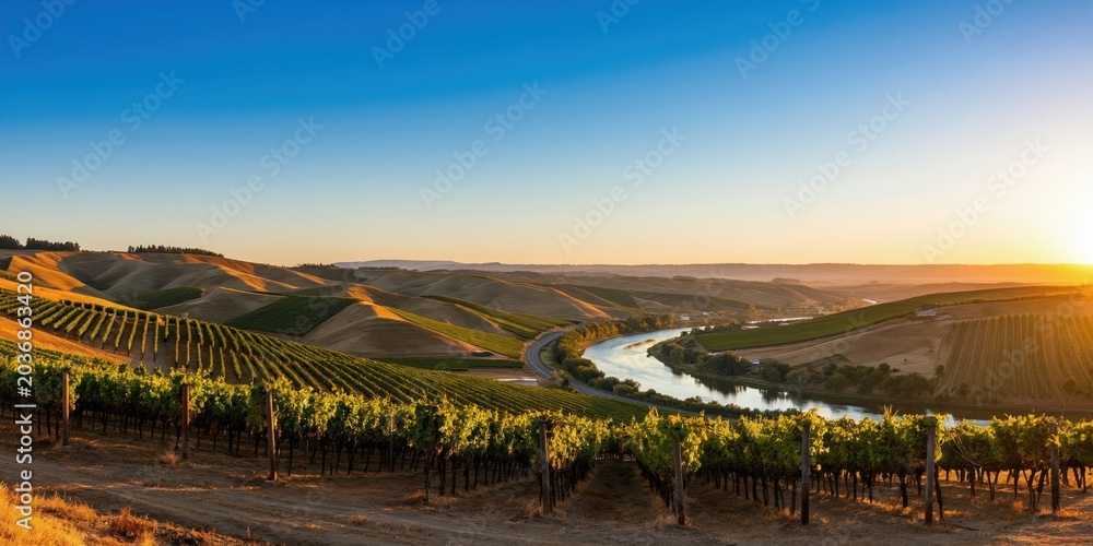 Obraz premium Expansive vineyard hills border winding river at sunrise. Green grape rows stretch across golden valleys. Blue sky melts into warm horizon light.