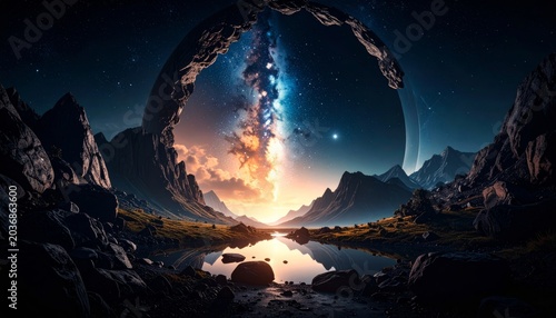 Cosmic Gateway: Alien Ring Frames a Vibrant Nebula Over a Reflecting Mountain Lake
