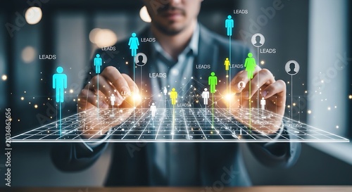 Lead generation concept. A close-up of a digital marketer's hands 'planting seeds' in a holographic 'digital field', which sprout as 'leads' (person icons).
