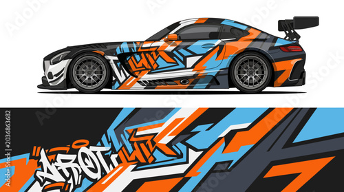 Fotografie Colorful racing car with dynamic graffiti design.
