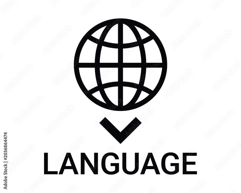 Fototapeta premium Global language symbol with down arrow and text in simple graphic design.