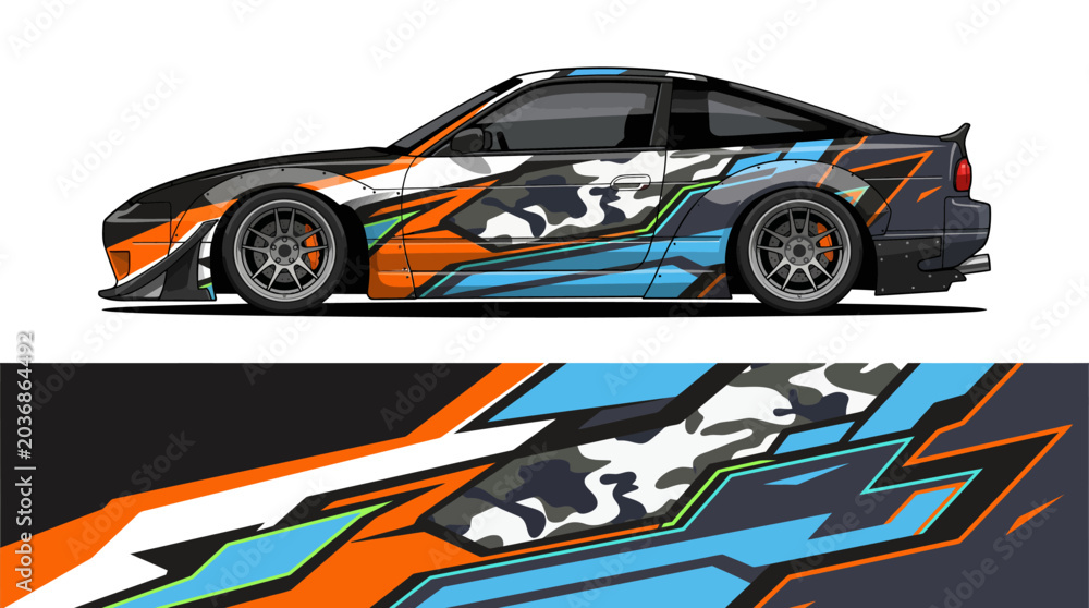 Obraz premium Colorful sports car with dynamic racing decals.