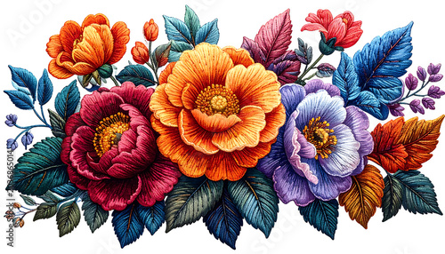 Ornate floral arrangement with richly colored peonies and foliage, vibrant, textured, botanical design elements