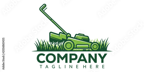фотографія Green lawn mower vector illustration with company logo and tagline on white back