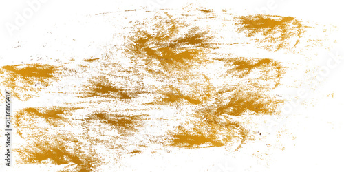 Abstract gold paint splatter and gouache brush stroke on grey paper texture background. Hand-made luxury metallic stain, creative bright yellow design element for wallpaper.