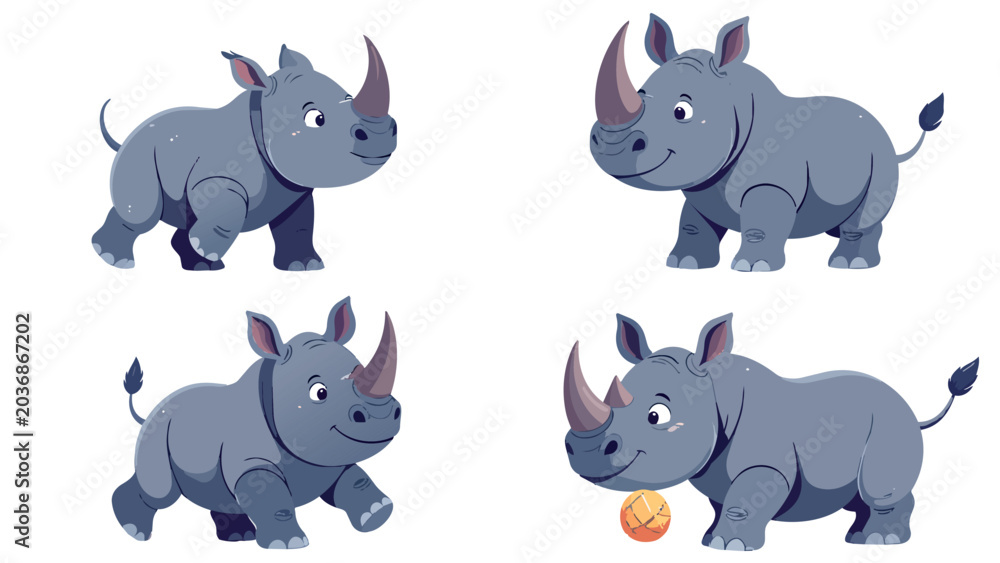 Fototapeta premium Cute cartoon rhino set in various poses with ball, vector illustration isolated on white background
