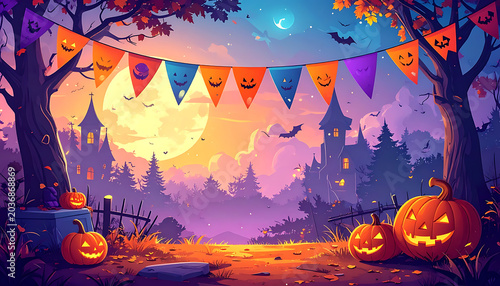 Pixel art halloween night scene with glowing pumpkins and spooky castle under a large full moon, festive bunting flags strung between trees, magical atmosphere, autumn season