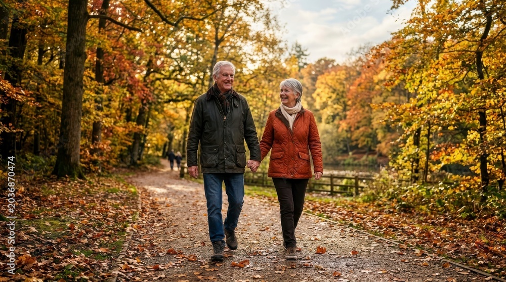 Fototapeta premium Senior couple walking hand in hand in autumn forest during golden hour