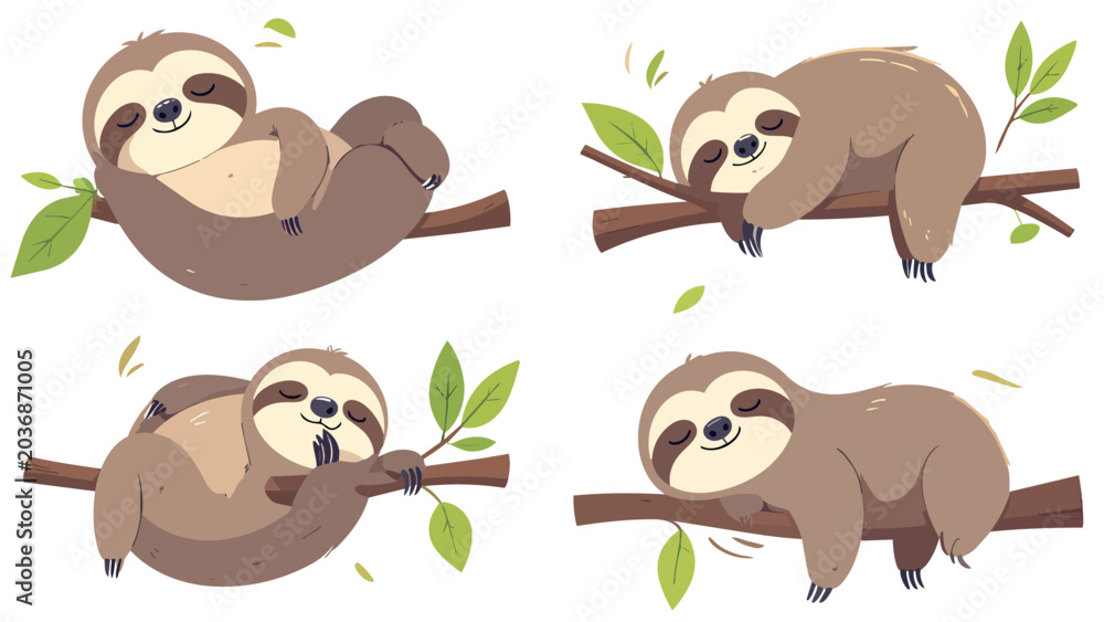 Fototapeta premium Cute cartoon sloth set hanging and sleeping on tree branch, vector illustration isolated on white background.