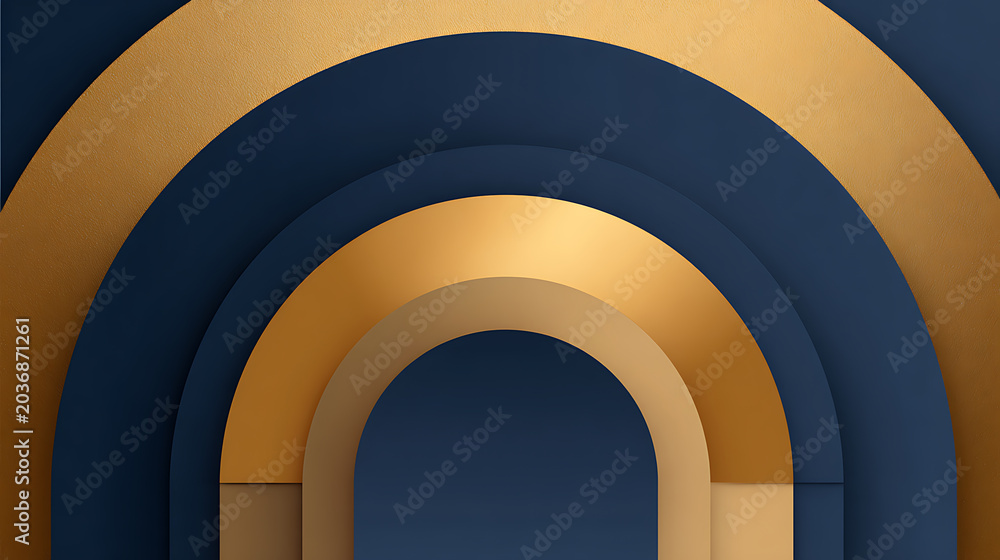 Fototapeta premium Elegant Abstract Archway Composition in Gold and Deep Blue with Layered Geometric Shapes and Modern Design Elements, Textured Background