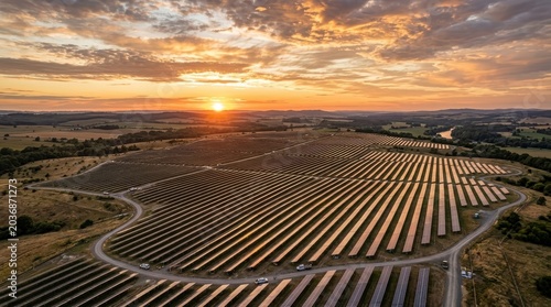 Sunrise Over Circular Agricultural Fields in Aerial Landscape View