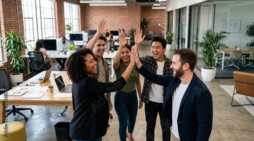 Team Celebration in Modern Office with High-Fives and Laughter