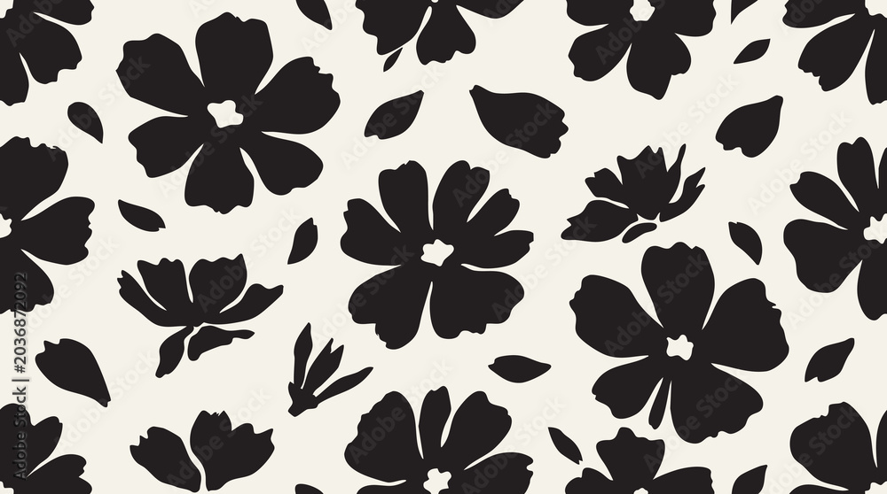 Fotografi Black Floral Seamless Pattern Vector for Fabric Background