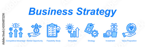 Business Strategy banner web icon vector illustration concept with an icon of Competitive Advantage, Market Opportunity, Feasibility Study, Innovation, Strategy, Investment, Value Proposition 