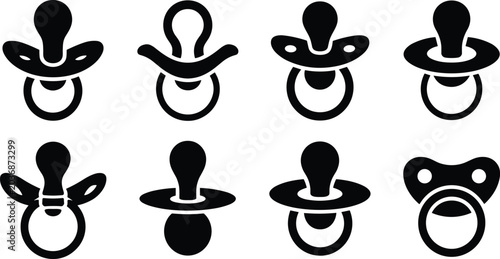 Canvas Print Baby pacifier silhouettes set, childcare icons, nipple and shield variations, in