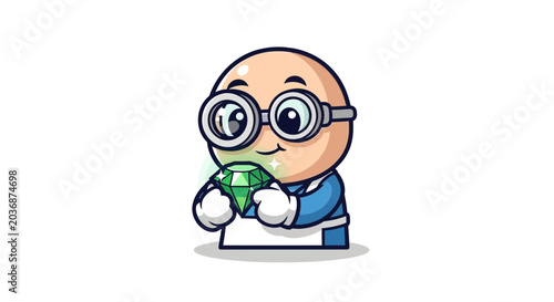 Cute Cartoon Character Holding Emerald Gemstone with Sparkles