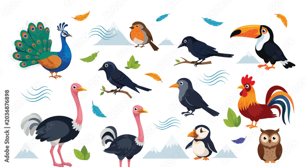 Fototapeta premium Diverse set of cartoon bird illustrations featuring a peacock, toucan, ostrich, and owl with mountain scenery.