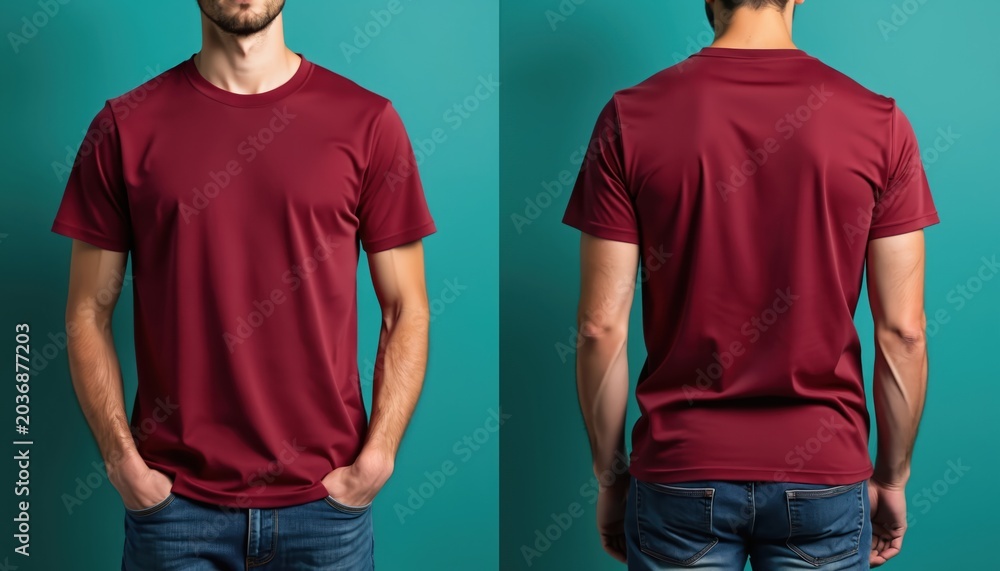 Naklejka premium Man wears maroon crew neck t-shirt showing front and back views. Plain maroon tee shirt for branding and logo mockups. Casual denim jeans outfit with tee.