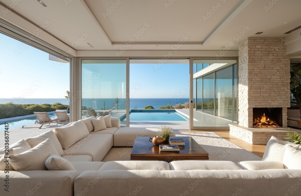 Obraz premium Spacious living room with large white sofa and ocean view pool. Modern home features glass walls fireplace and comfortable seating area. Bright sunny day outside bright.