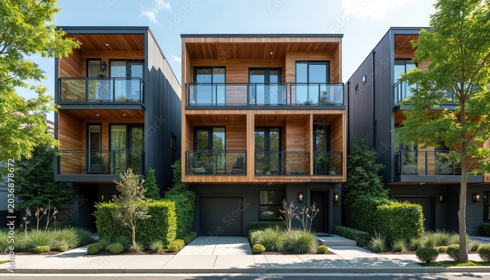 Fototapeta premium Modern townhouses with wood and dark paneling stand in a row on a sunny street. Buildings have balconies glass railings and garages. Landscaping includes green bushes and tall trees.
